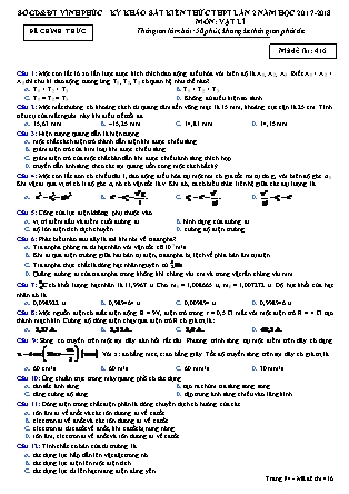 Đề thi môn Vật lý - Kỳ thi khảo sát kiến thức THPT lần 2 - Mã đề 416 - Năm học 2017-2018 - Sở GD&ĐT Vĩnh Phúc