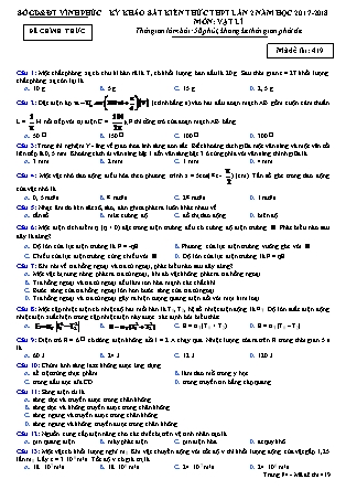 Đề thi môn Vật lý - Kỳ thi khảo sát kiến thức THPT lần 2 - Mã đề 419 - Năm học 2017-2018 - Sở GD&ĐT Vĩnh Phúc