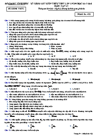 Đề thi môn Vật lý - Kỳ thi khảo sát kiến thức THPT lần 2 - Mã đề 422 - Năm học 2017-2018 - Sở GD&ĐT Vĩnh Phúc