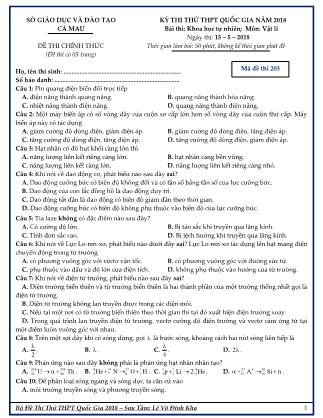 Đề thi môn Vật lý Lớp 12 - Kỳ thi thử THPT Quốc gia năm 2018 - Mã đề 203 - SỞ GD&ĐT Cà Mau - Lê Võ Đình Kha