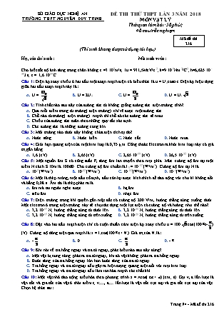 Đề thi thử THPT lần 3 năm 2018 môn Vật lý Lớp 12 - Mã đề 216 - Trường THPT Nguyễn Duy Trinh