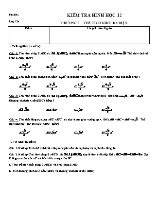 Bài kiểm tra môn Hình học Lớp 12 - Chương I: Thể tích khối đa diện
