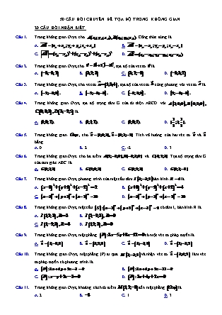 Bộ 50 câu hỏi môn Hình học Lớp 12 - Chuyên đề: Tọa độ trong không gian