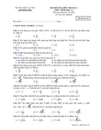 Bộ đề kiểm tra 1 tiết chương I môn Hình học Lớp 12 - Trường THPT Cát Tiên