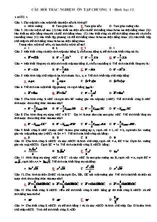 Câu hỏi trắc nghiệm ôn tập chương I môn Hình học Lớp 12 (Có đáp án)