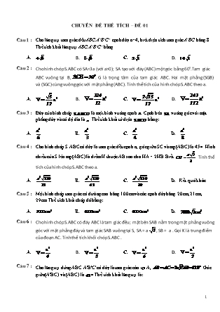 Đề cương ôn tập môn Toán Lớp 12 - Chuyên đề thể tích - Đê 01