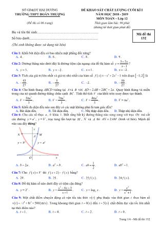 Đề khảo sát chất lượng cuối học kỳ I môn Toán Lớp 12 - Mã đề 132 - Năm học 2018-2019 - Trường THPT Đoàn Thượng