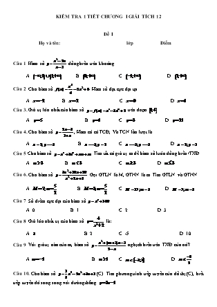 Đề kiểm tra 1 tiết chương I môn Giải tích Lớp 12