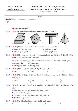 Đề kiểm tra 1 tiết lần 1 môn Hình học Lớp 12 - Chương I - Năm học 2017-2018