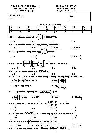 Đề kiểm tra 1 tiết môn Toán Lớp 12 - Phần: Mũ và Lôgarit - Mã đề 721 - Đặng Việt Đông