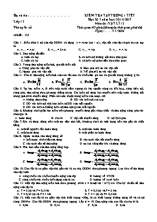 Đề kiểm tra 1 tiết môn Vật lý Lớp 12 - Học kỳ I - Mã đề 135-207 - Năm học 2016-2017 (Có đáp án)