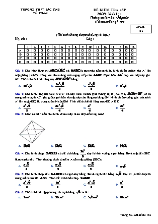 Đề kiểm tra 45 phút môn Hình học Lớp 12 - Mã đề 132 - Trường THPT Bắc Bình