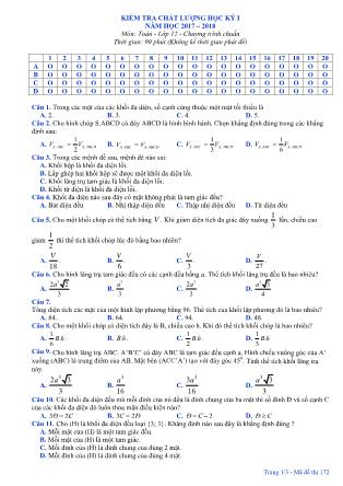 Đề kiểm tra chất lượng học kỳ I môn Toán Lớp 12 - Năm học 2017-2018