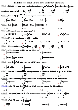 Đề kiểm tra chất lượng học kỳ II môn Toán Lớp 12 - Đề 1203