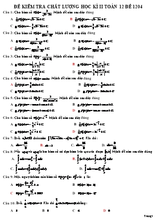 Đề kiểm tra chất lượng học kỳ II môn Toán Lớp 12 - Đề 1204