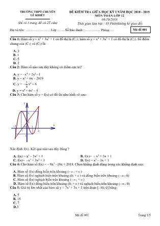 Đề kiểm tra giữa học kỳ I môn Toán Lớp 12 - Mã đề 001 - Năm học 2018-2019 - Trường THPT chuyên Lê Khiết (Có đáp án)