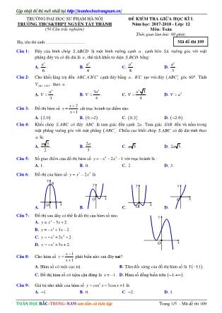 Đề kiểm tra giữa học kỳ I môn Toán Lớp 12 - Mã đề 109 - Năm học 2017-2018 - Trường THCS&THPT Nguyễn Tất Thành