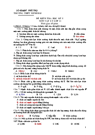 Đề kiểm tra học kỳ I môn Vật lý Lớp 11 - Trường THPT Minh Đài (Có đáp án)