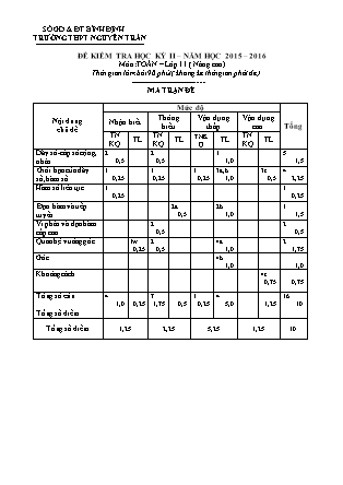 Đề kiểm tra học kỳ II môn Toán Lớp 11 - Năm học 2015-2016 - Trường THPT Nguyễn Trân (Có đáp án)