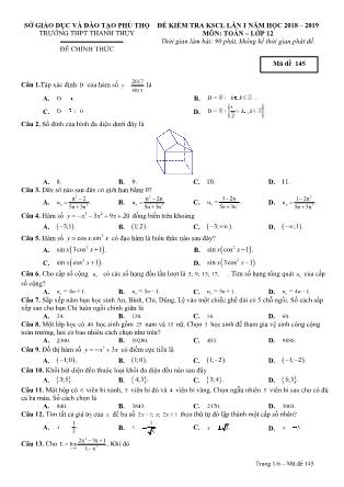 Đề kiểm tra khảo sát chất lượng lần 1 môn Toán Lớp 12 - Mã đề 145 - Năm học 2018-2019 - Trường THPT Thanh Thủy