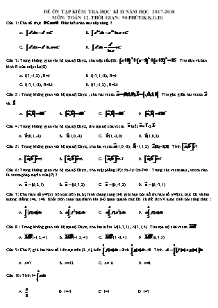 Đề ôn tập kiểm tra học kỳ II môn Toán Lớp 12 - Năm học 2017-2018