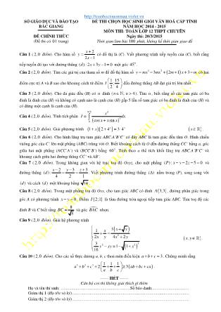 Đề thi chọn học sinh giỏi cấp tỉnh môn Toán Lớp 12 chuyên - Năm học 2014-2015 - Sở GD&ĐT Bắc Giang (Có đáp án)