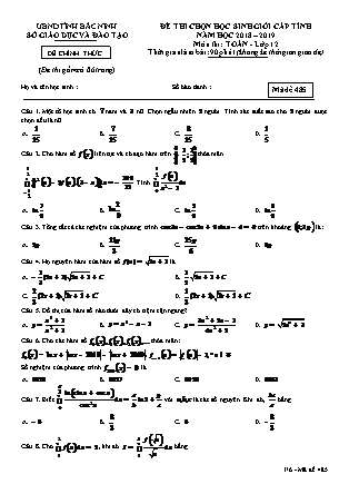 Đề thi chọn học sinh giỏi cấp tỉnh môn Toán Lớp 12 - Mã đề 485 - Năm học 2018-2019 - Sở GD&ĐT Bắc Ninh