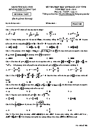 Đề thi chọn học sinh giỏi cấp tỉnh môn Toán Lớp 12 - Mã đề 988 - Năm học 2018-2019 - Sở GD&ĐT Bắc Ninh