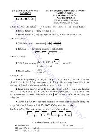 Đề thi chọn học sinh giỏi cấp tỉnh môn Toán Lớp 12 - Năm học 2011-2012 - Sở GD&ĐT Bắc Giang (Có đáp án)