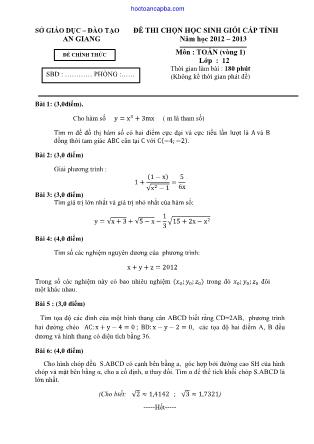 Đề thi chọn học sinh giỏi cấp tỉnh môn Toán Lớp 12 - Vòng 1 - Năm học 2012-2013 - Sở GD&ĐT An Giang (Có đáp án)