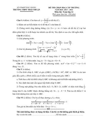 Đề thi chọn học sinh giỏi cấp trường môn Toán Lớp 12 - Năm học 2013-2014 - Trường THPT Thái Thuận