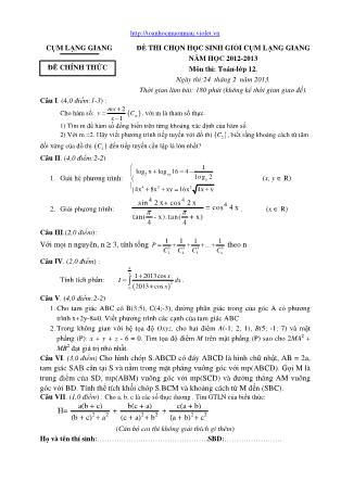 Đề thi chọn học sinh giỏi cụm Lạng Giang môn Toán Lớp 12 - Năm học 2012-2013 (Có đáp án)