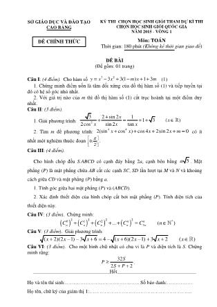 Đề thi chọn học sinh giỏi tham dự kỳ thi chọn học sinh giỏi Quốc gia năm 2015 môn Toán - Vòng 1 - Sở GD&ĐT Cao Bằng