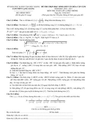 Đề thi chọn học sinh giỏi văn hóa cấp cụm môn Toán Lớp 12 - Năm học 2016-2017 - Sở GD&ĐT Bắc Giang