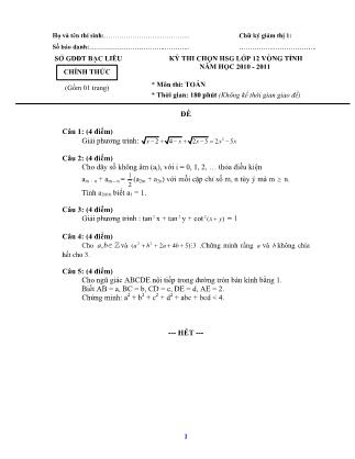 Đề thi chọn học sinh giỏi vòng tỉnh môn Toán học Lớp 12 - Năm học 2010-2011 - Sở GD&ĐT Bạc Liêu