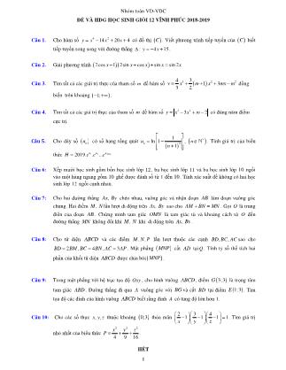 Đề thi học sinh giỏi môn Toán Lớp 12 - Năm học 2018-2019 (Kèm đáp án)