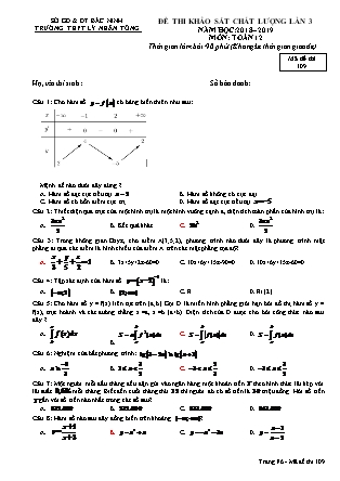 Đề thi khảo sát chất lượng lần 3 môn Toán Lớp 12 - Mã đề 109 - Năm học 2018-2019 - Trường THPT Lý Nhân Tông