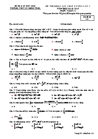 Đề thi khảo sát chất lượng lần 3 môn Toán Lớp 12 - Mã đề 115 - Năm học 2018-2019 - Trường THPT Lý Nhân Tông