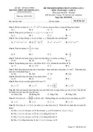 Đề thi kiểm định chất lượng lần 2 môn Toán Lớp 12 - Mã đề 122 - Năm học 2018-2019 - Trường THPT Yên Phong 2