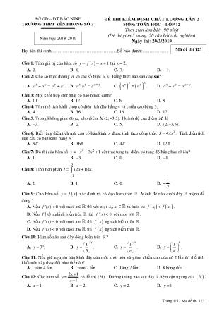 Đề thi kiểm định chất lượng lần 2 môn Toán Lớp 12 - Mã đề 123 - Năm học 2018-2019 - Trường THPT Yên Phong 2