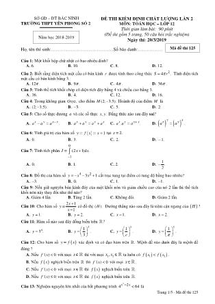 Đề thi kiểm định chất lượng lần 2 môn Toán Lớp 12 - Mã đề 125 - Năm học 2018-2019 - Trường THPT Yên Phong 2