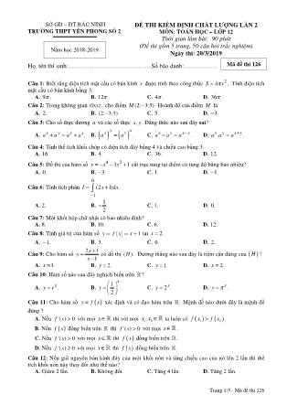Đề thi kiểm định chất lượng lần 2 môn Toán Lớp 12 - Mã đề 126 - Năm học 2018-2019 - Trường THPT Yên Phong 2