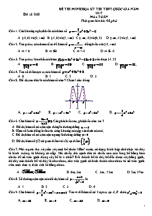 Đề thi minh họa kỳ thi THPT Quốc gia môn Toán - Đề số 040 (Có đáp án)