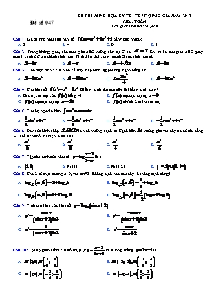 Đề thi minh họa kỳ thi THPT Quốc gia năm 2017 môn Toán - Đề số 047(Có đáp án)
