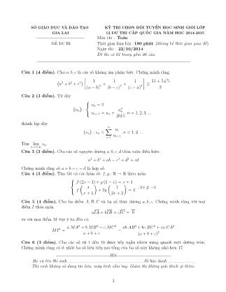 Đề thi môn Toán - Kỳ thi chọn đội tuyển học sinh giỏi cấp tỉnh Lớp 12 THPT - Năm học 2014-2015 - Sở GD&ĐT Gia Lai (Có đáp án)