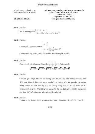Đề thi môn Toán - Kỳ thi chọn đội tuyển học sinh giỏi Lớp 12 THPT - Năm học 2012-2013 - Sở GD&ĐT Thành phố Hồ Chí Minh