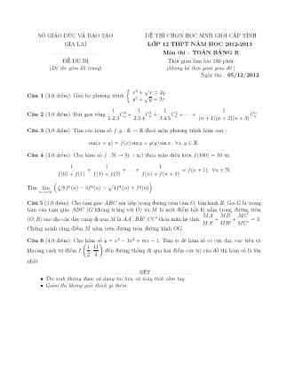 Đề thi môn Toán - Kỳ thi chọn học sinh giỏi cấp tỉnh Lớp 12 THPT - Bảng B - Năm học 2012-2013- Sở GD&ĐT Gia Lai (Đề dự bị)