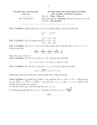 Đề thi môn Toán - Kỳ thi chọn học sinh giỏi cấp tỉnh Lớp 12 THPT - Bảng A - Năm học 2010-2011 - Sở GD&ĐT Gia Lai