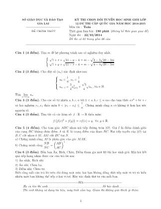 Đề thi môn Toán - Kỳ thi chọn học sinh giỏi cấp tỉnh Lớp 12 THPT - Năm học 2014-2015 - Sở GD&ĐT Gia Lai