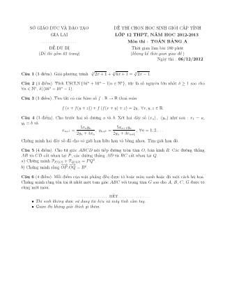 Đề thi môn Toán - Kỳ thi chọn học sinh giỏi cấp tỉnh Lớp 12 THPT - Bảng A - Năm học 2012-2013- Sở GD&ĐT Gia Lai (Đề dự bị)